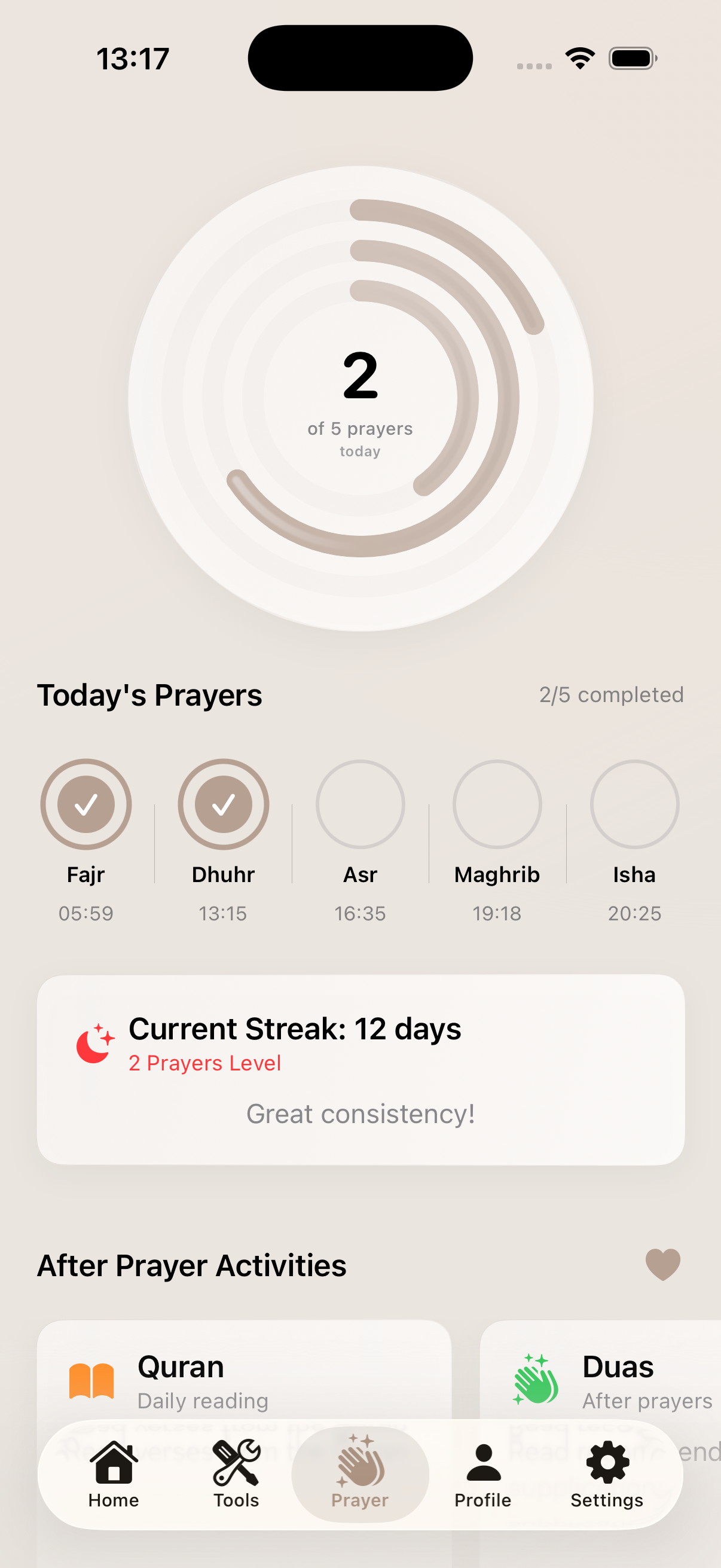 Prayer tracking and streak screen