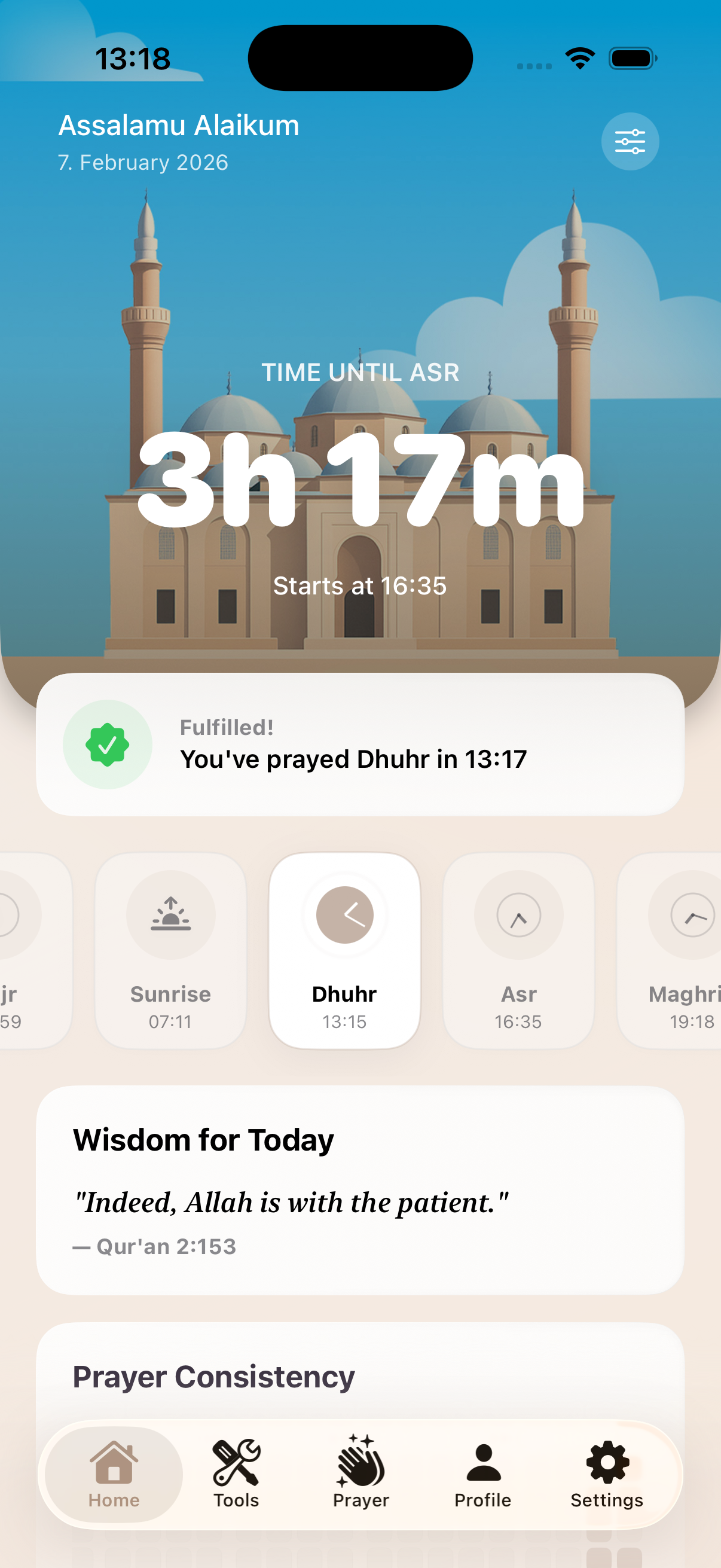 Islamic Prayer App - Home Screen showing prayer times and mosque illustration